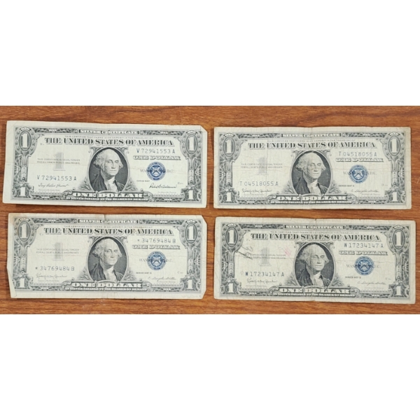 Four $1 United States 1957 Silver Certificate Notes In Various Conditions INCLUDING STAR NOTE~ $4 FV