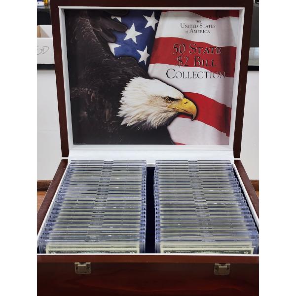 50 State $2 Bill Collection in Hardwood Display Box - $100 Face Value