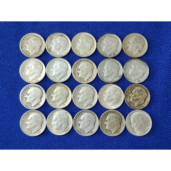 Lot of 20 Assorted Years Silver Roosevelt Dimes - 90% U.S. Silver - Face Value: $2.00