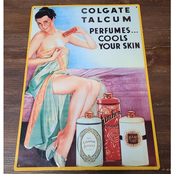 Vintage Embossed Metal Colgate Talcum Perfume Sign