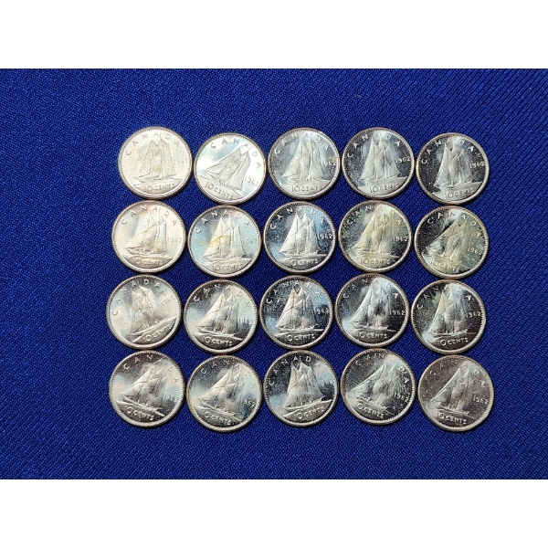 x20 1962 Canadian Silver Dimes, Many Appear Uncirculated! ASW Each: 0.0594oz / Total: 1.188oz Silver