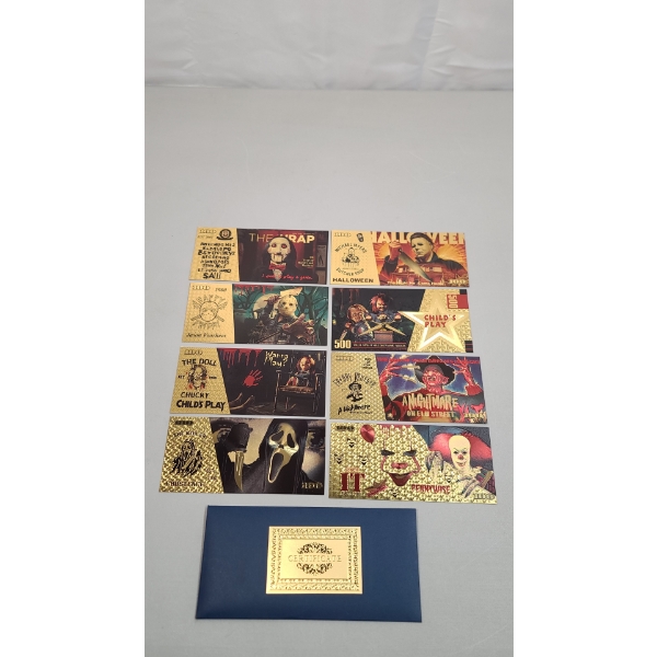 (8) Horror Film Characters 24K Gold Foil Banknotes Set w/ COA