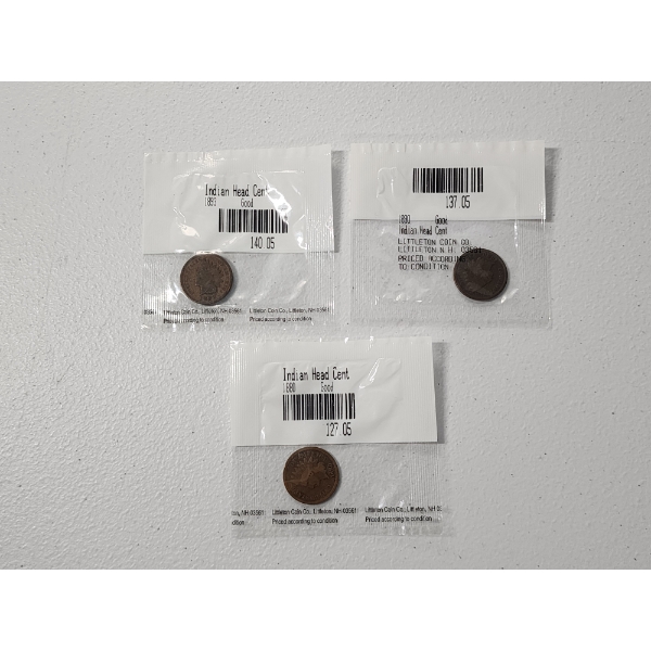 3 - Indian Head Cents 1893, 1890, 1880 In Sealed Littleton Coin Co. Packages