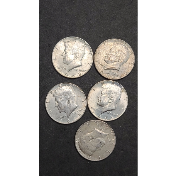 (5) 1967/1968 40% Silver Kennedy Half Dollars - Face Value: $2.50