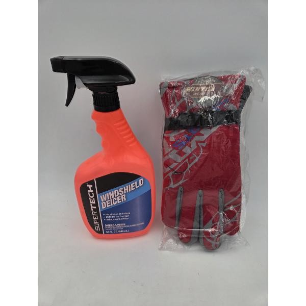 Brand New 32Oz Supertech Windshield Deicer Spray & New Mens Red Winter Gloves
