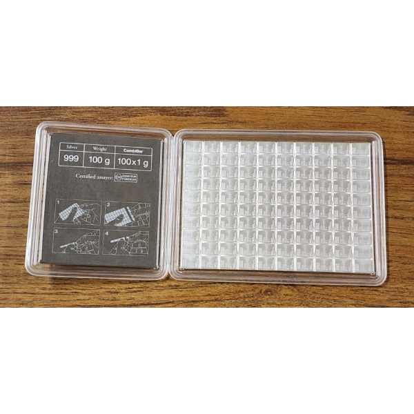 Valcambi Suisse 100 Gram .999 Fine Silver CombiBar ~ 100 Separate 1 Gram Silver Bars in One Sheet	