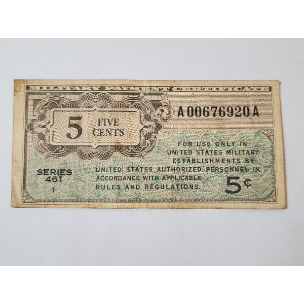 WWII Series 461 Military Payment Certificate 5¢ Note Allied Military Currency WWII Era