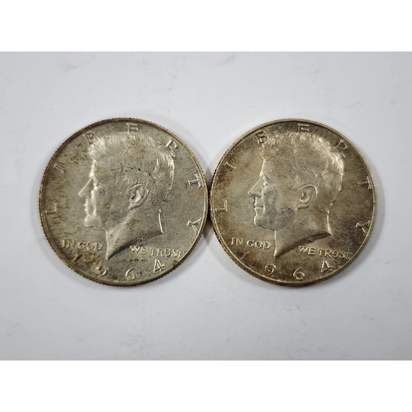 Two 1964 United States 90% Silver Kennedy Half Dollars ~ $1.00 Face Value