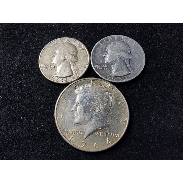 Three Assorted 90% Silver United States Coins Ft. Two Quarters & A Kennedy Half Dollar - $1.00 F.V.