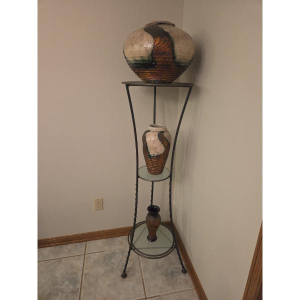 52" Glass & Metal Stand With Three Pieces Of Signed Dell Pottery. Great High End Collectors Pieces