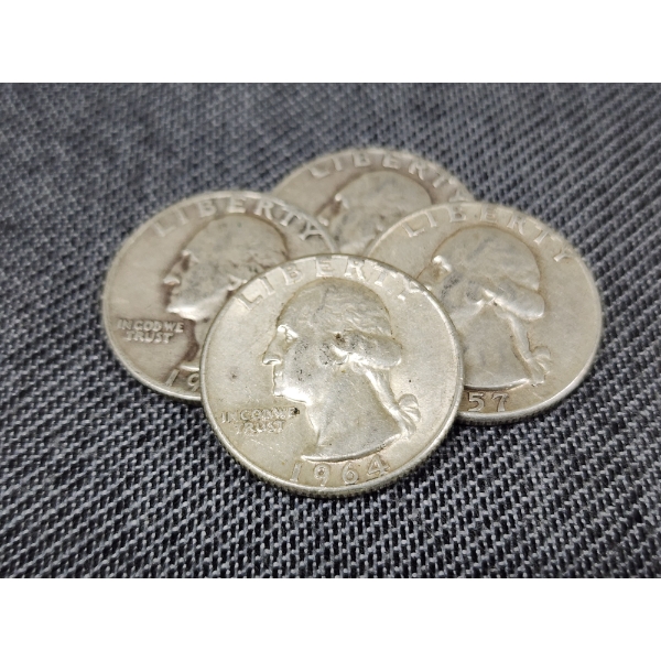 Four 90% Silver United States Washington Quarter Dollars ~ $1.00 Face Value