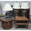 Image 8 : MCM Solid Wood 20''x25'' & 22''x26'' End Tables, 2 Ceramic Matching 33'' Lamps & 32'' Birdcage Lamp 