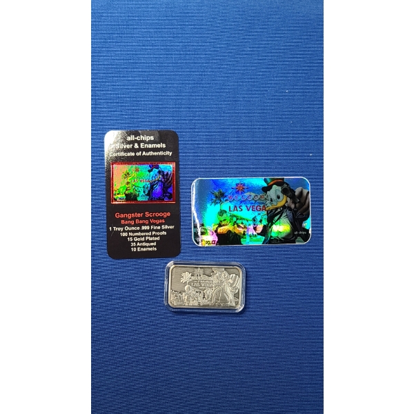 All-Chips 1 Troy Ounce .999 Fine Silver Bar With Antique Finish- Gangster Scrooge Bang Bang Vegas
