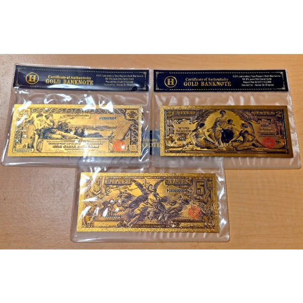  3 Pc Set Pure 24k .999 Gold Foil US Historic Large Note 1896 Educational Currency Replicas - Mint