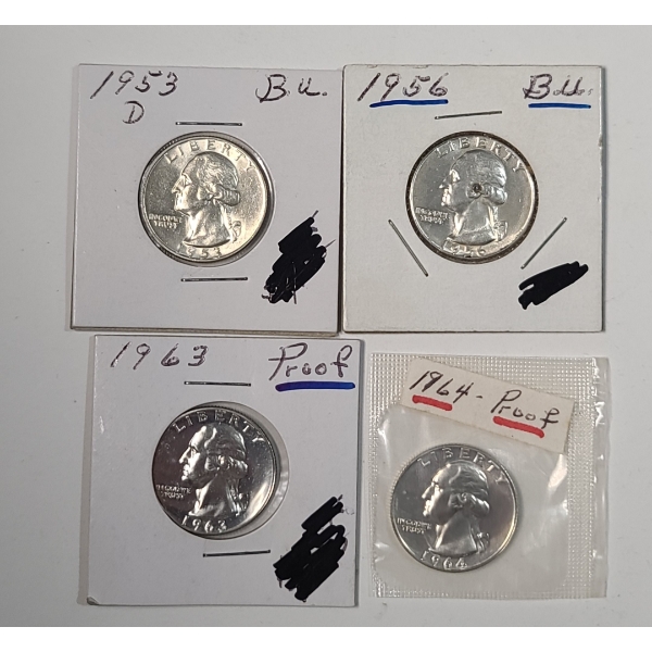 (4) United States 90% Silver Washington Quarters/Proof Quarters - 1953-D, 1956, 1963, 1964