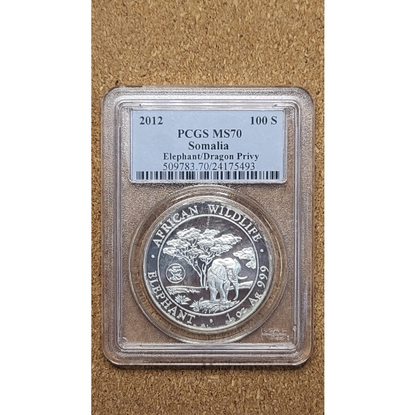 PCGS 2012 MS70 Somalia 100 Shillings African Wildlife 1 Oz 999 Silver Elephant Coin FT Dragon Privy