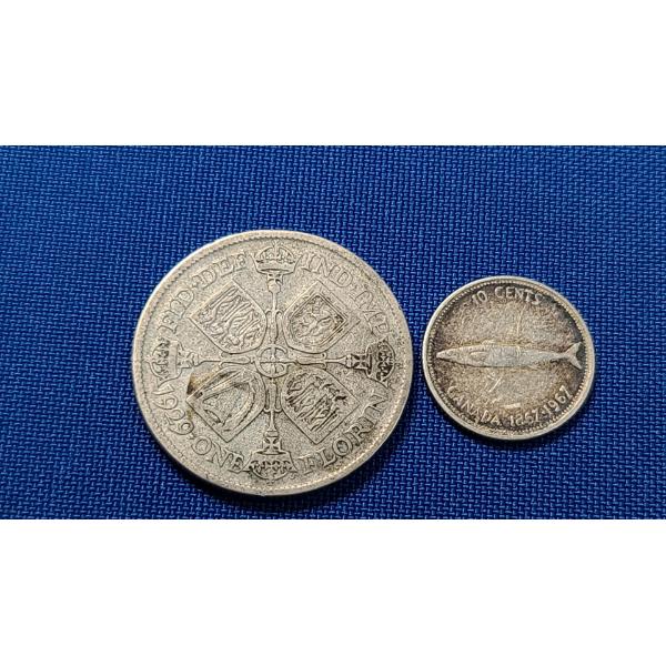 1929 Great Britain 1 Florin Silver Coin & 1967 Silver Canadian 10 Cent Coin
