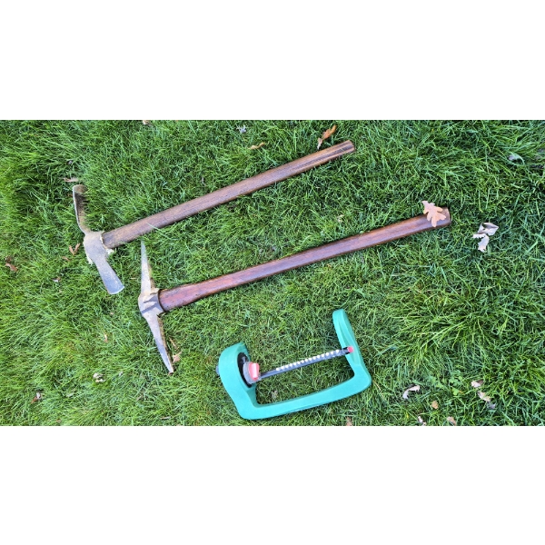 PICKUP IN CANTON -  SET OF 2 (TWO) PCS - PICK AXE & GRUB AXE - & LAWN SPRINKLER - GOOD CONDITION
