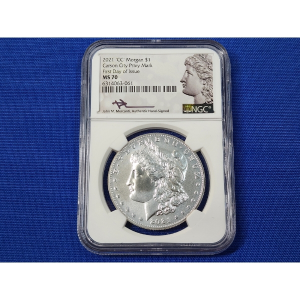 2021 "CC" Morgan Silver Dollar - .999 Silver! - FDI - Signed by Mercanti - Graded by NGC MS 70