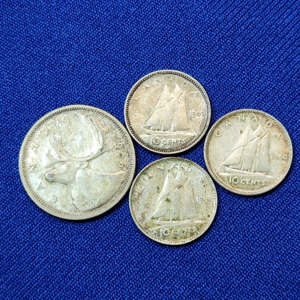 Canadian 80% Silver Coins: (1) 1956 Quarter & (3) Dimes: 1947, 1950, 1951 / TOTAL ASW: 0.3300oz 