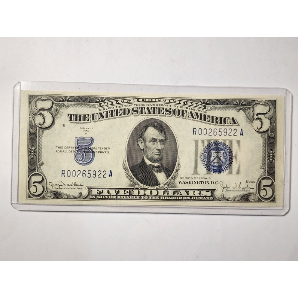 EXCELLENT 1934D $5 Blue Seal Silver Certificate ~ EXCELLENT NOTE FOR ANY COLLECTOR!