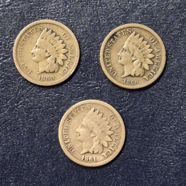 3 Pcs Early Indian Head Cents - 1859/60/61 Better Than average Condition - Pictures
