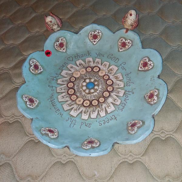 Large 15 Inch Ceramic Birdbath With 2 Bird Figures - Religious Themed