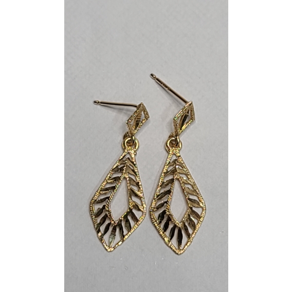 14K Yellow Gold Dangle Drop Diamond-Cut Filigree Earrings - Weight: 1.4g