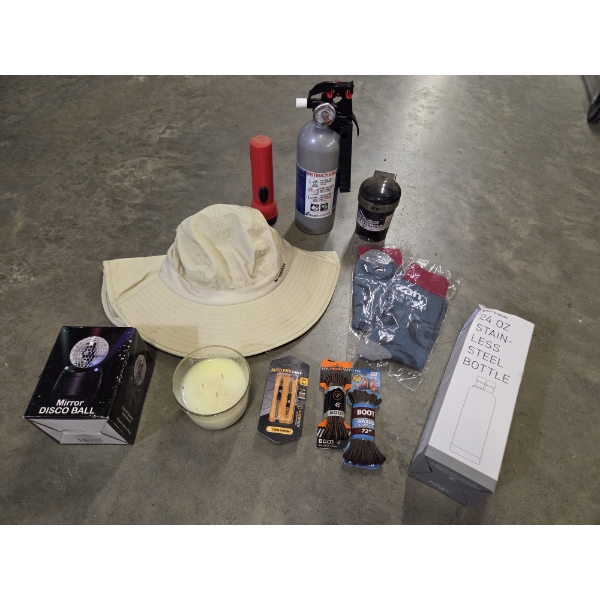 
New Water Bottle, Candle, Boot Laces, Aux Cord, Socks, Hat, Fire Extinguisher & More!