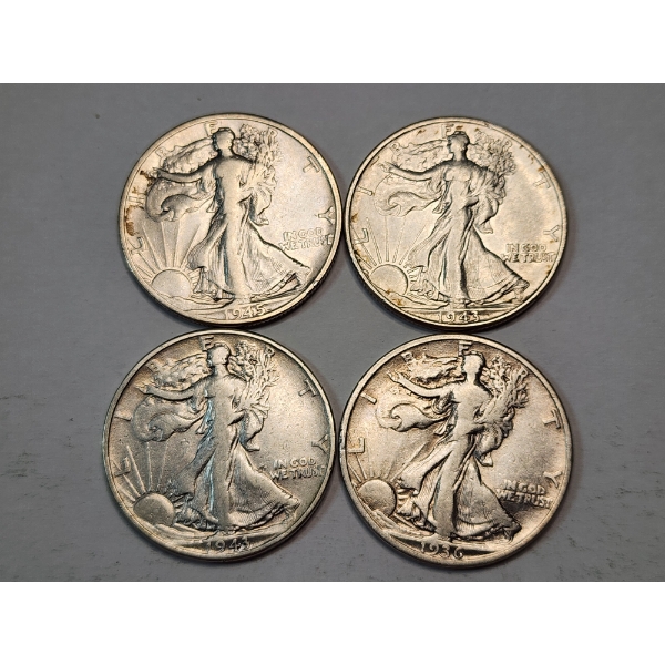 Four 90% Silver Walking Liberty Half Dollars: 1945-D, 1943, 1943, 1936 Face Value: $2.00