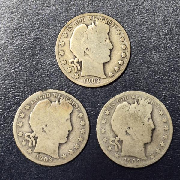 3 Pc 90% Barber (Liberty Head) Half Dollar Group - 1903 P / D / S - See Pics