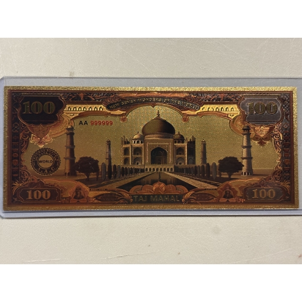 Taj Mahal- Seven Wonders of the World .999 Gold Foil Note In Holder - Mint Condition