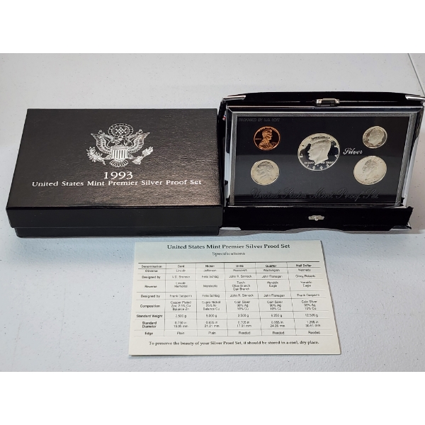 1993 United States Mint Premier Silver Proof Set with Display, Box, & CoA