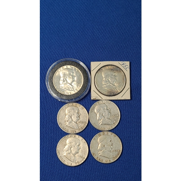 (6) 1952, 1954, 1950, 1955, 1959 90% Silver Franklin Half Dollars - Face Value: $3.00