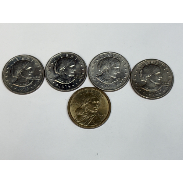 Susan B. Anthony 1979 One-Dollar coins (4 total) &  Sacagawea 2001 P Dollar Coin (1) - FV $5.00 