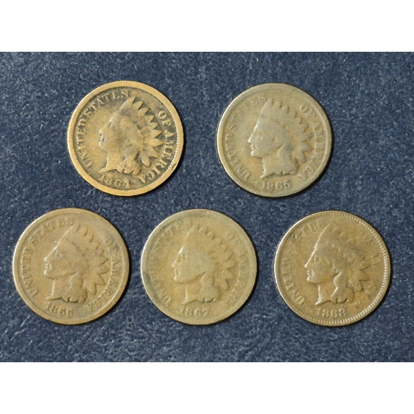5 Pcs As Shown - Group Of Indian Head Cents - 1864 / 65 / 66 / 67 / 68 - See Pics