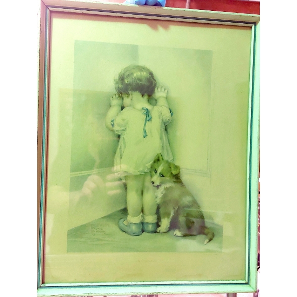 Original Vintage "Bessie Pease Gutmann"  Hand Colored-  Pouting Girl With Puppy - 19" x 15"  