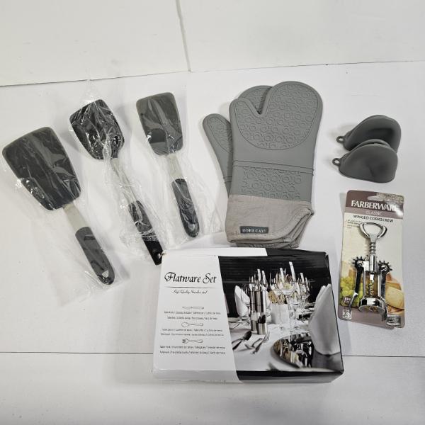 Kitchen Lot: Silicone Oven Mitts, Spatulas, Pinch Grips, Corkscrew, and Stainless Steel Flatware Set