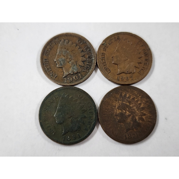 Four Assorted United States Indian Head Pennies 