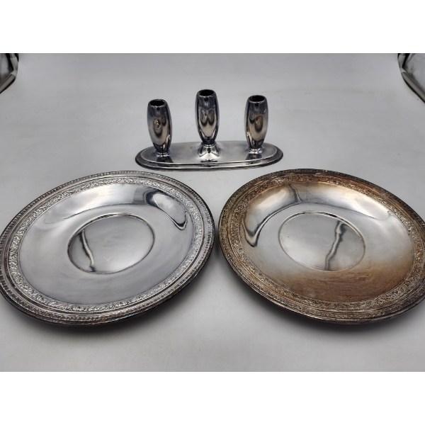 Silver-Plated Serving Plates (0.6lbs Each) and Silver-Plated Concord Candlestick Holder (1.8lbs)