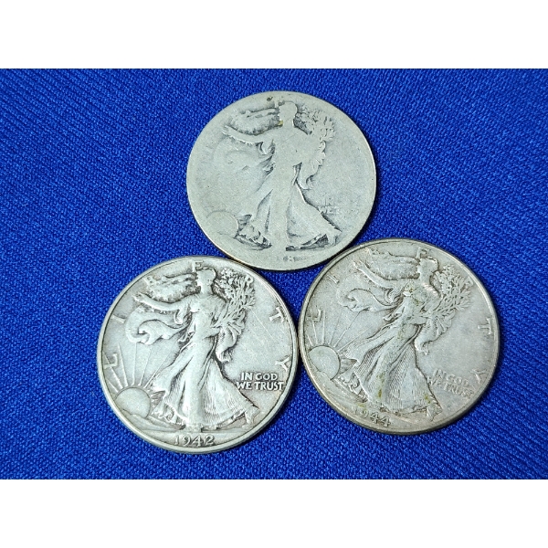 x3 Assorted 90% Silver Walking Liberty Half Dollars FV: $1.50