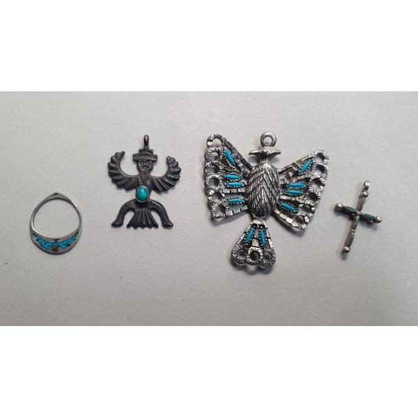 (4) Necklace Pendants With Turquoise Colored Stones Including Some Sterling Silver