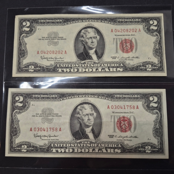 U.S. VINTAGE CURRENCY -  2 PCS - TWO DOLLAR ($2) RED SEAL 19636 UNITED STATES NOTES - HIGH GRADE