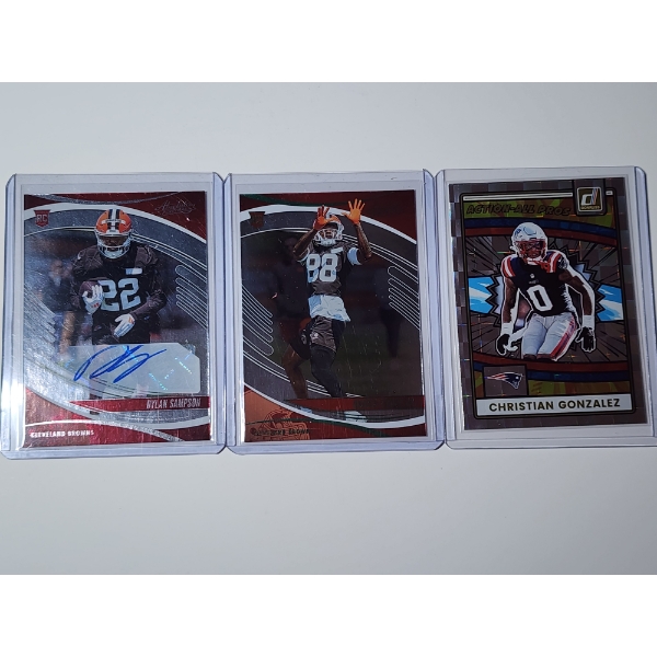 3 Panini 2025 Football Trading Cards Including Dylan Sampson Autographed, RC's, Action-All Pros
