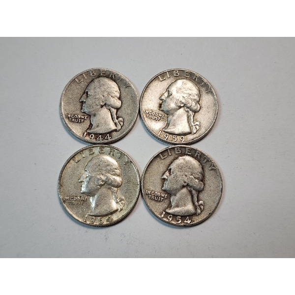 Four Assorted Years 90% Silver Washington Quarters Face Value: $1.00