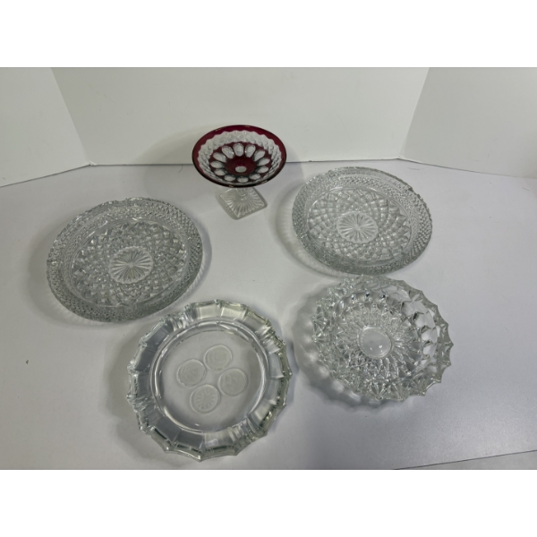 Beautiful Glass Plates & Ashtray - 2 plates - 2 ashtrays - one dish with red rimmed