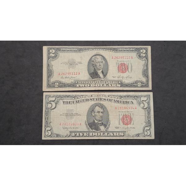 Series 1953 Red Seal $2 Bank Note & Series 1963 Red Seal $5 Bank Note - Face Value: $7.00