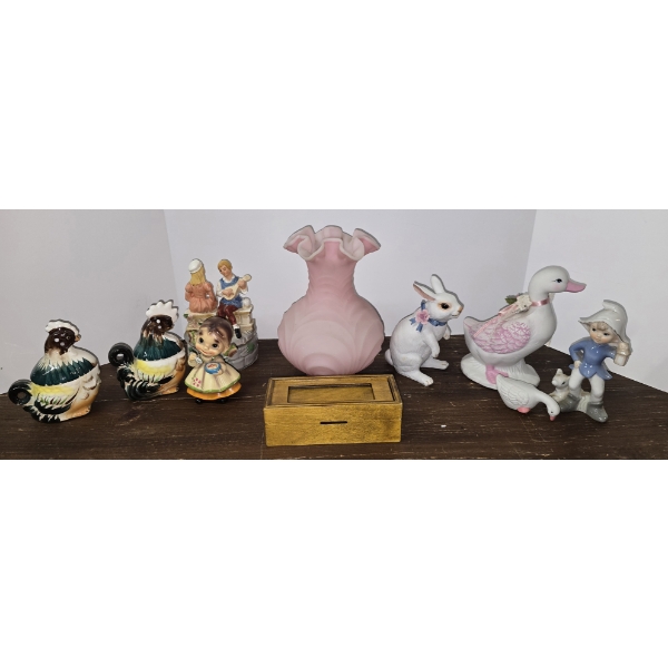 Fenton Vase with 9pc Assorted Collectible Figurines