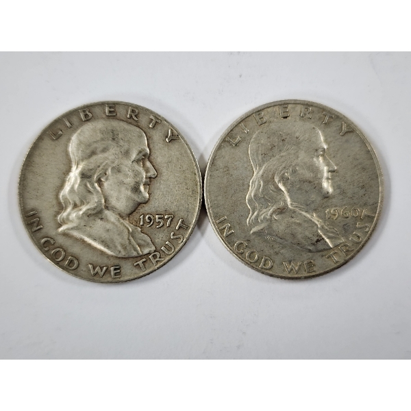 Two 90% Silver United States Franklin Half Dollars ~ 1957-D & 1960-D ~ $1.00 Face Value