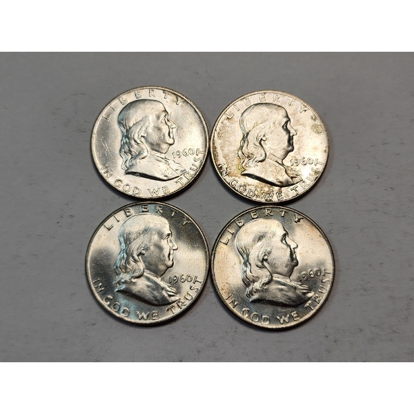 Four 1960-D 90% Silver Franklin Half Dollars - Face Value $2.00
